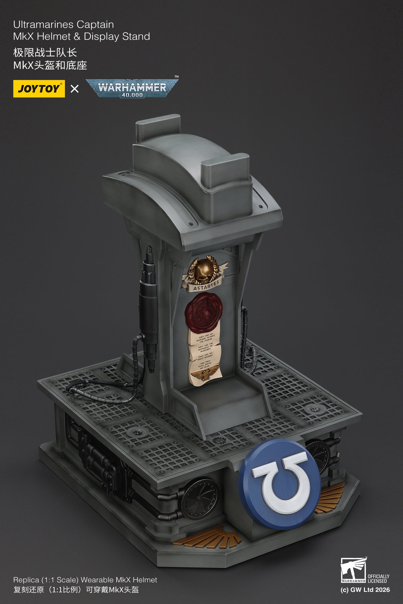 Ultramarines Captain MkX Helmet & Display Stand- Warhammer 40k 1/1 Action Figure By JOYTOY