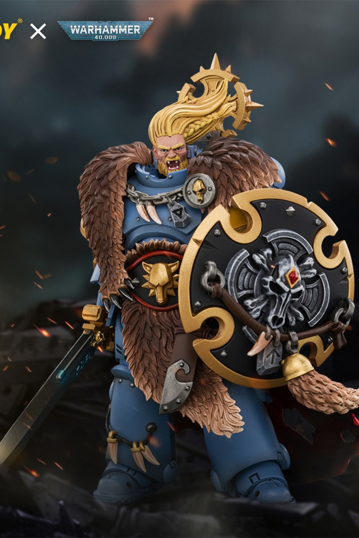 Space Wolves Wolf Guard Battle Leader with Master-crafted Power Weapon, Storm Shield, Thunder Hammer,Master-crafted Heavy Bolt Pistol, and Plasma Pistol - Warhammer 40k 1/18 Action Figure By JOYTOY