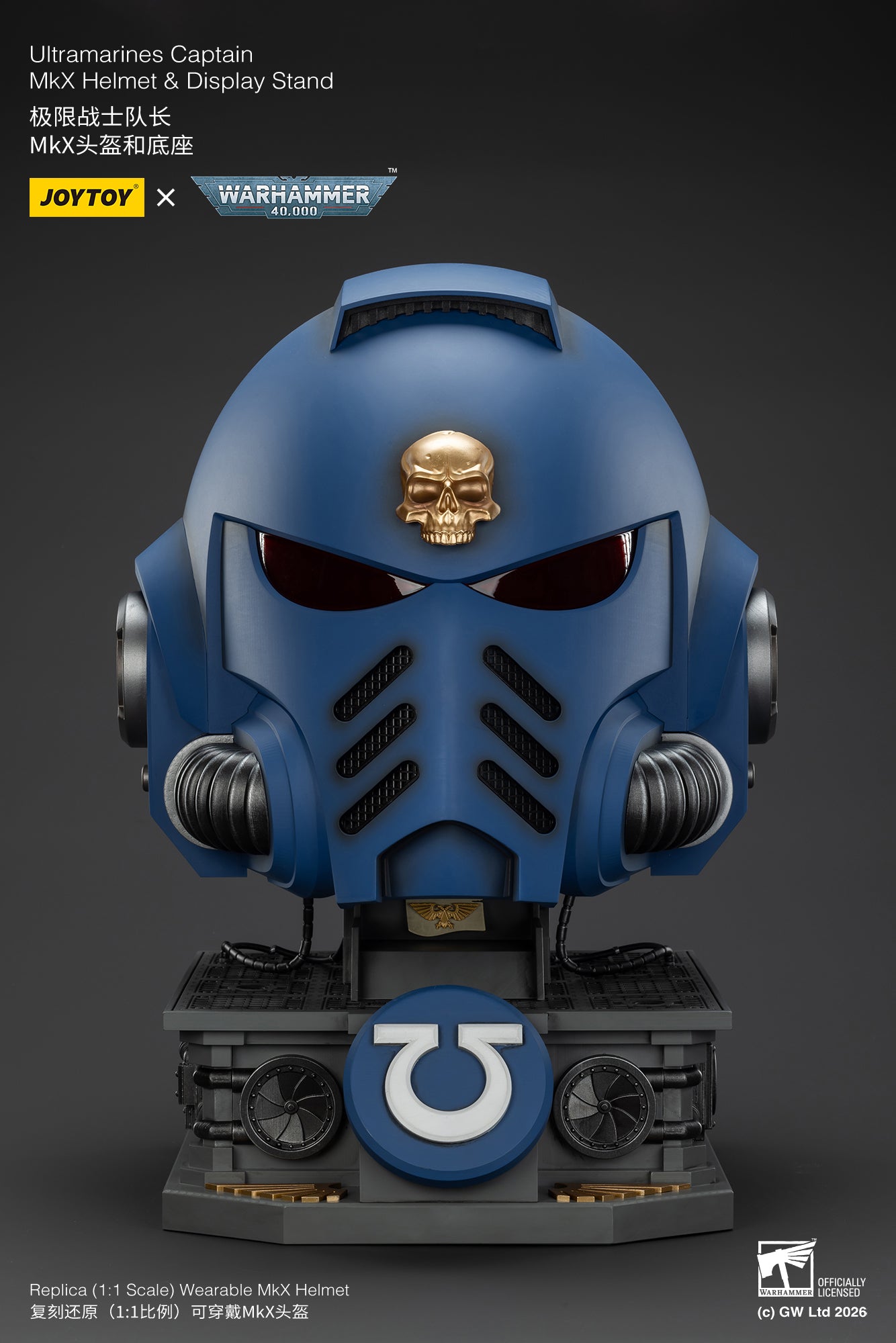 Ultramarines Captain MkX Helmet & Display Stand- Warhammer 40k 1/1 Action Figure By JOYTOY