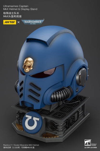 Ultramarines Captain MkX Helmet & Display Stand- Warhammer 40k 1/1 Action Figure By JOYTOY