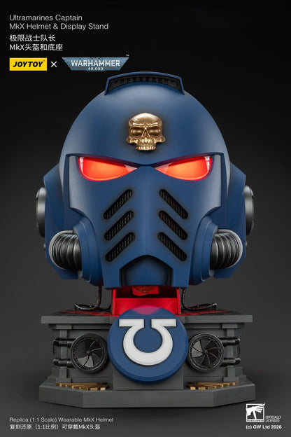 Ultramarines Captain MkX Helmet & Display Stand- Warhammer 40k 1/1 Action Figure By JOYTOY