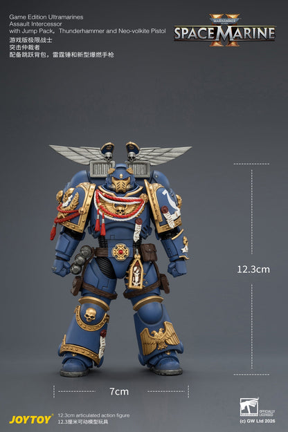 Game Edition Ultramarines Assault Intercessor  with Jump Pack, Thunderhammer and Neo-volkite Pistol Primarch-Warhammer 40k 1/18 Action Figure By JOYTOY