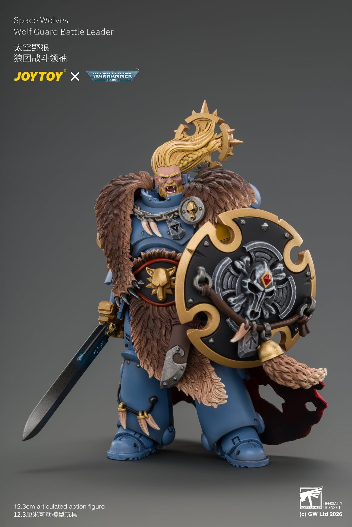 Space Wolves Wolf Guard Battle Leader with Master-crafted Power Weapon, Storm Shield, Thunder Hammer,Master-crafted Heavy Bolt Pistol, and Plasma Pistol - Warhammer 40k 1/18 Action Figure By JOYTOY