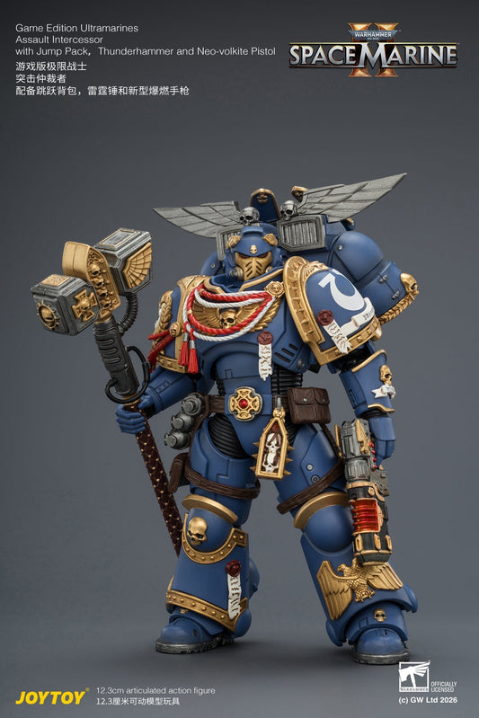 Game Edition Ultramarines Assault Intercessor  with Jump Pack, Thunderhammer and Neo-volkite Pistol Primarch-Warhammer 40k 1/18 Action Figure By JOYTOY