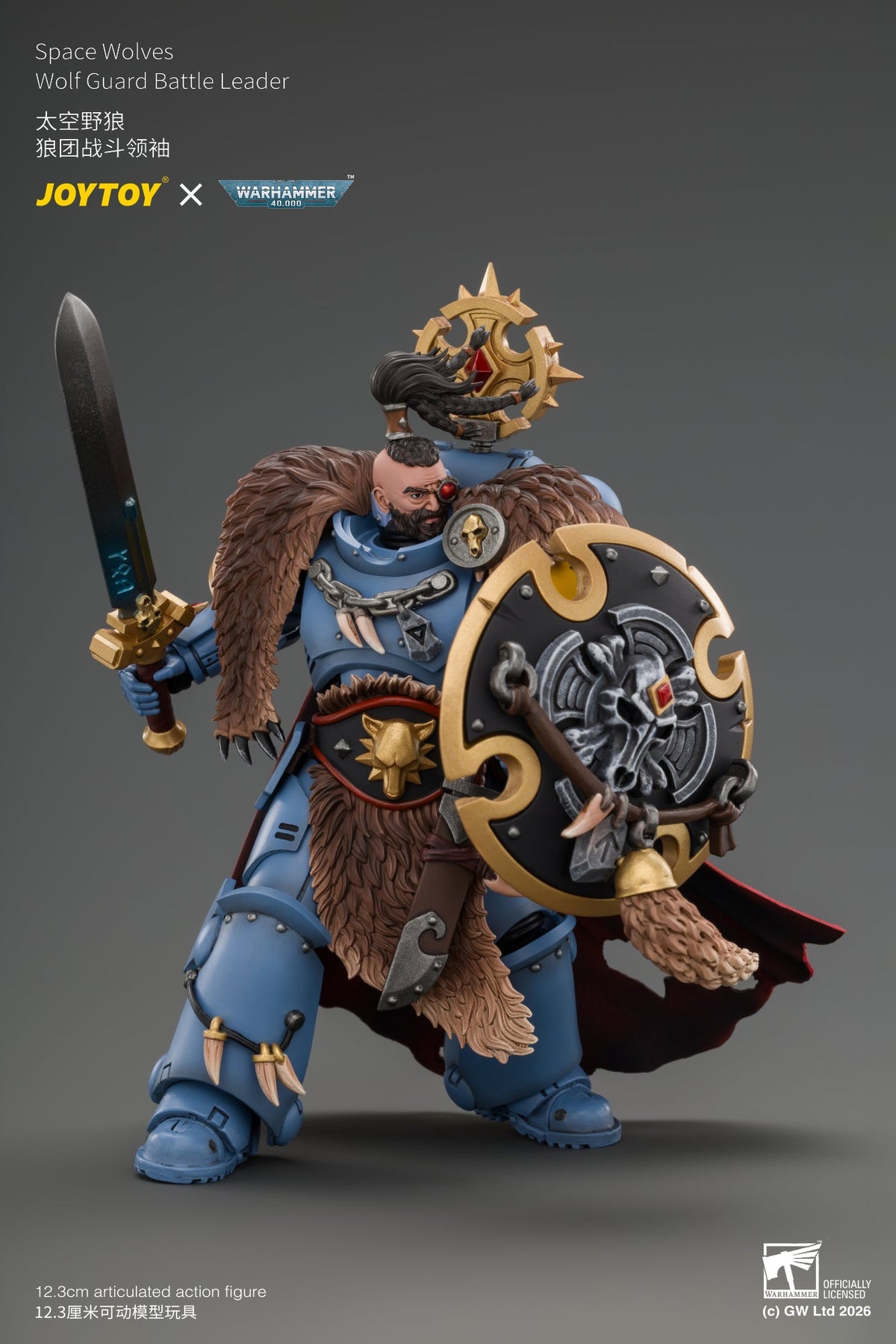 Space Wolves Wolf Guard Battle Leader with Master-crafted Power Weapon, Storm Shield, Thunder Hammer,Master-crafted Heavy Bolt Pistol, and Plasma Pistol - Warhammer 40k 1/18 Action Figure By JOYTOY