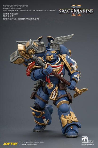 Game Edition Ultramarines Assault Intercessor  with Jump Pack, Thunderhammer and Neo-volkite Pistol Primarch-Warhammer 40k 1/18 Action Figure By JOYTOY
