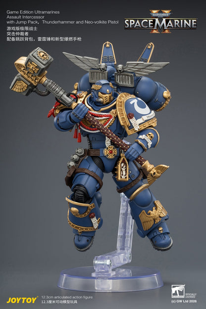 Game Edition Ultramarines Assault Intercessor  with Jump Pack, Thunderhammer and Neo-volkite Pistol Primarch-Warhammer 40k 1/18 Action Figure By JOYTOY