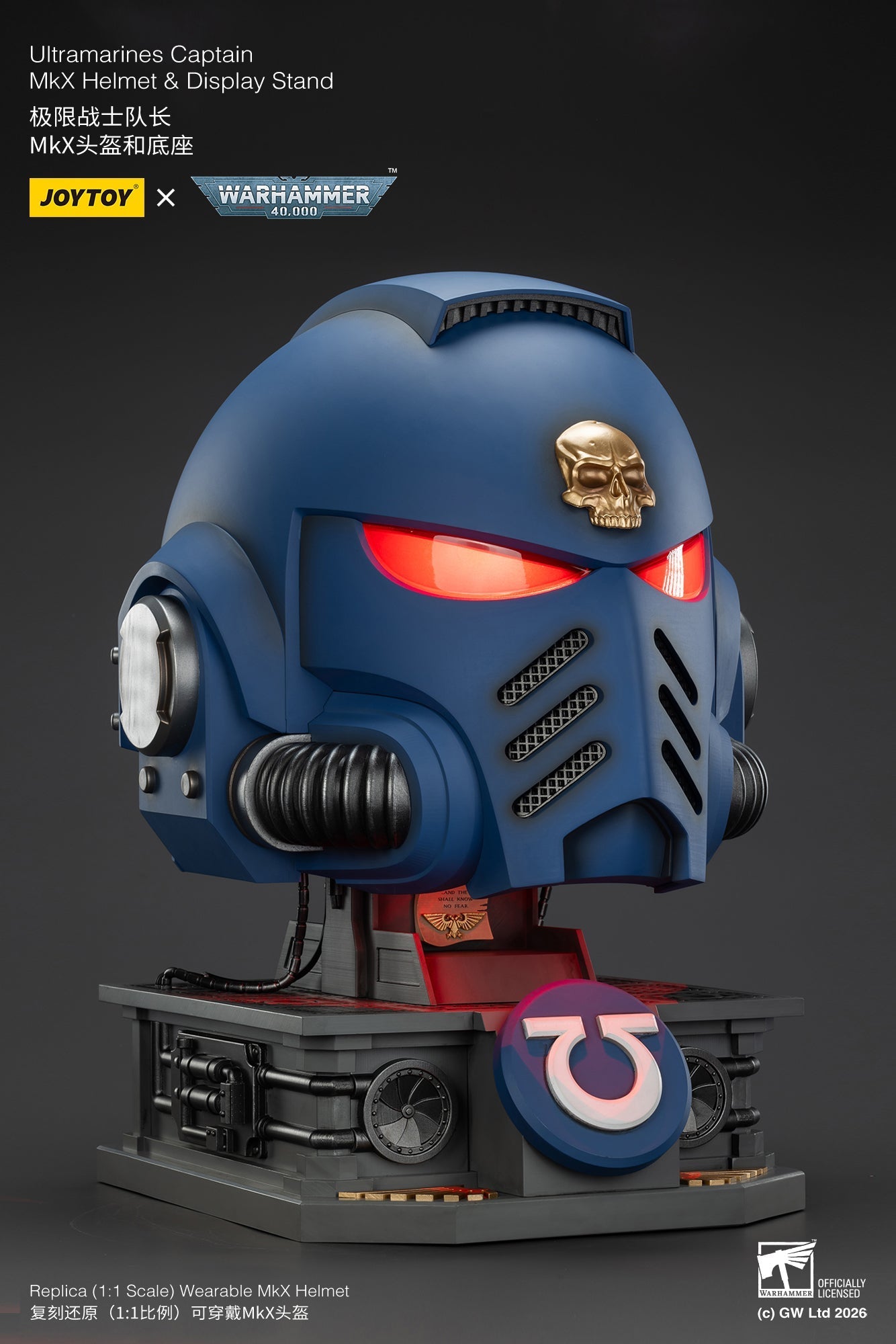 Ultramarines Captain MkX Helmet & Display Stand- Warhammer 40k 1/1 Action Figure By JOYTOY