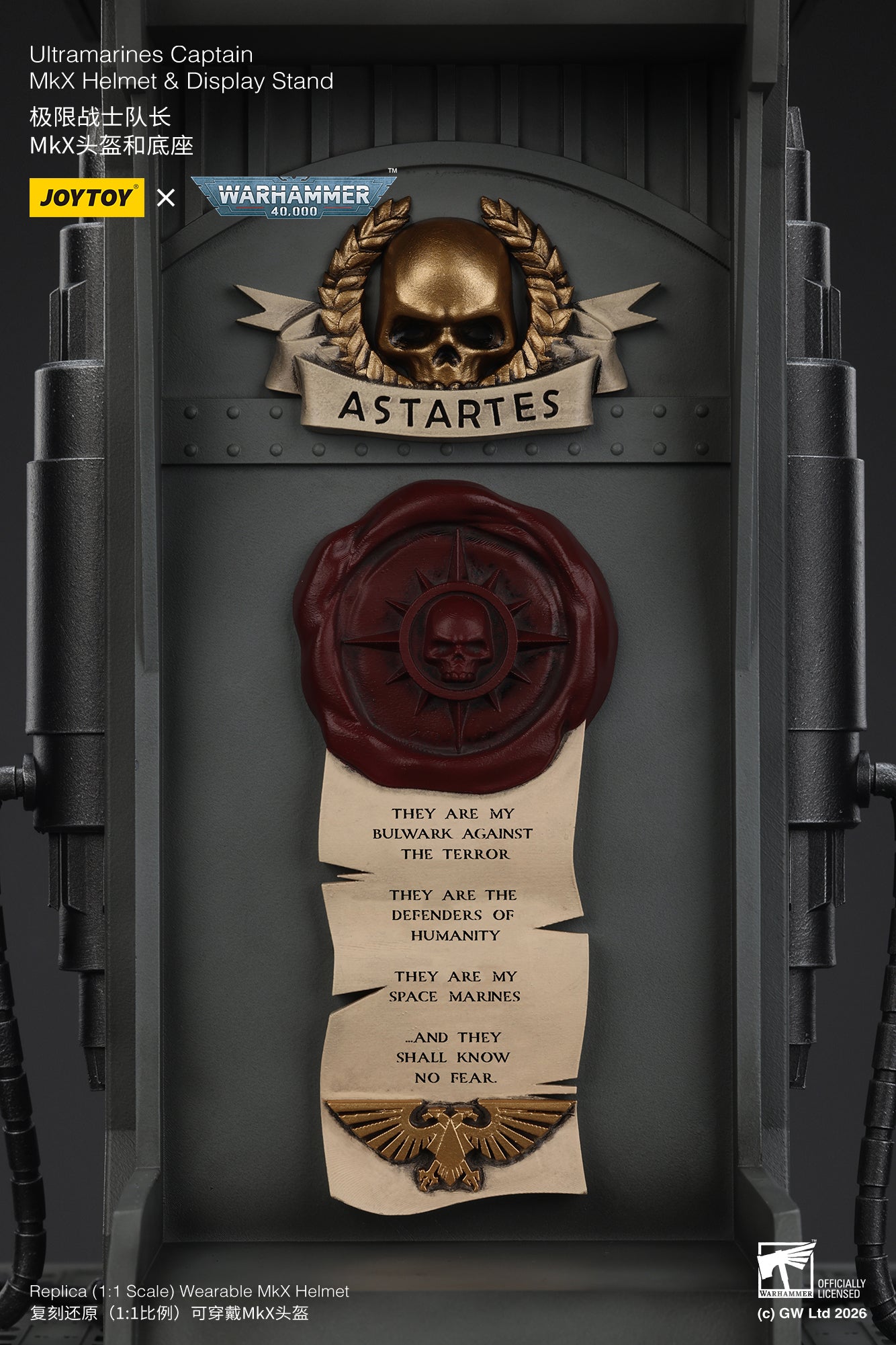 Ultramarines Captain MkX Helmet & Display Stand- Warhammer 40k 1/1 Action Figure By JOYTOY